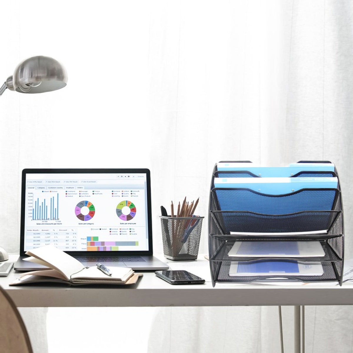 6-Tier Fan-Shaped Mesh File Rack